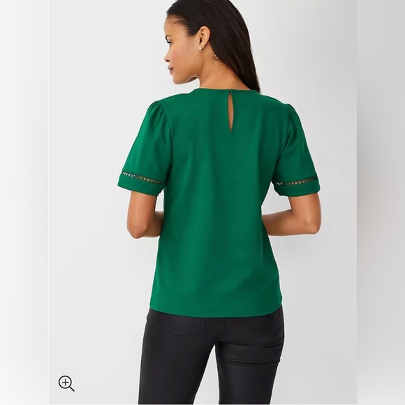 Ann Taylor Lace Inset Puff Sleeve Top Short Sleeve Emerald Green Sz M NWOT - Picture 2 of 3